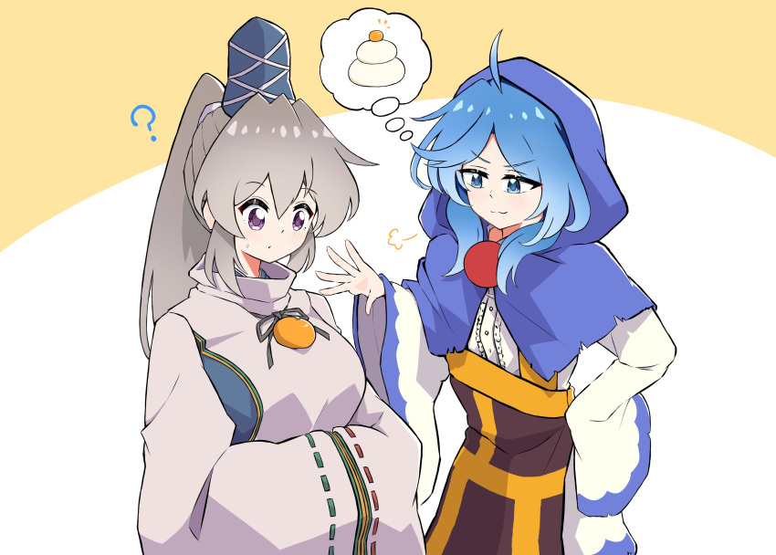 2girls ? absurdres ahoge blue_eyes blue_hair blue_headwear breasts commentary grey_hair gurajio hands_in_opposite_sleeves hat highres hood kagami_mochi kumoi_ichirin large_breasts long_hair long_sleeves medium_hair mononobe_no_futo multiple_girls ponytail puff_of_air ribbon-trimmed_sleeves ribbon_trim symbol-only_commentary tate_eboshi thought_bubble touhou violet_eyes wide_sleeves