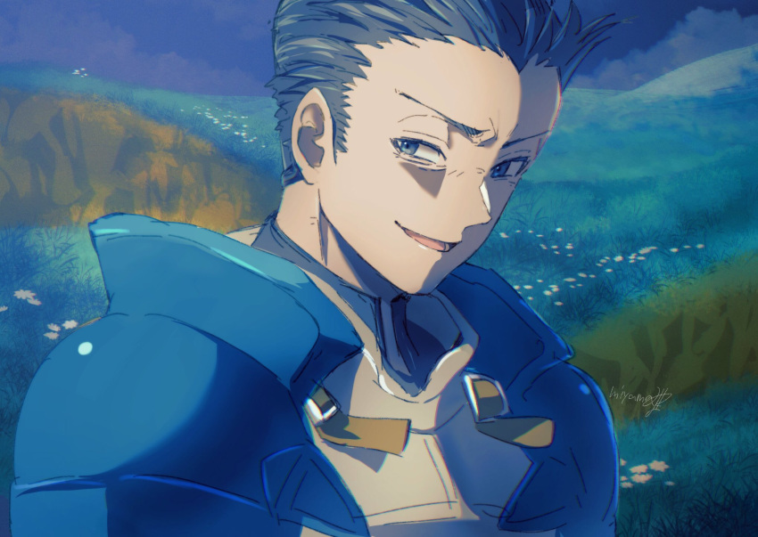 1boy armor black_hair clouds evil_smile gloves grass highres looking_at_viewer male_focus miyama_(lacrima01) open_mouth signature smile solo tactics_ogre vice_bozeg