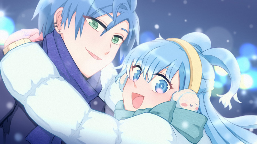 1boy 1girl blue_eyes blue_hair blurry bokeh cy220726 depth_of_field ear_piercing earmuffs green_eyes highres hololive hololive_indonesia holostars holostars_english hug kobo_kanaeru long_hair looking_at_viewer open_mouth piercing regis_altare short_hair smile snow snowing virtual_youtuber winter_clothes