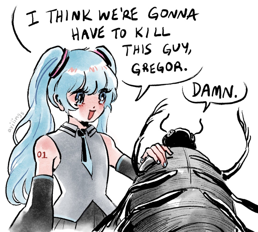 1girl 1other arm_tattoo ayilings beetle black_sleeves blue_eyes blue_hair blue_necktie bug collared_shirt commentary detached_sleeves english_commentary english_text gregor_samsa grey_shirt hatsune_miku highres i_think_we're_gonna_have_to_kill_this_guy_steven_(meme) long_hair meme necktie open_mouth shirt simple_background sleeveless sleeveless_shirt smile speech_bubble tattoo the_metamorphosis twintails twitter_username vocaloid white_background