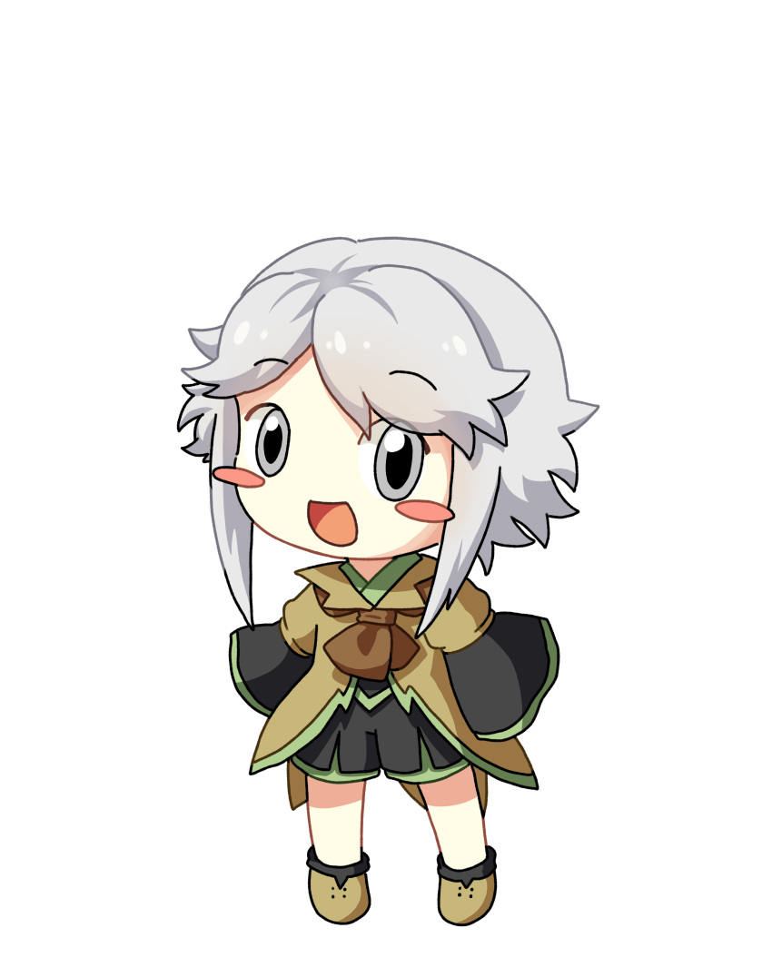 1other :d absurdres androgynous ascot baila_kuangzi black_shirt black_shorts black_socks blush_stickers brown_ascot brown_coat brown_footwear chibi chinese_commentary coat commentary_request green_trim grey_eyes grey_hair highres houlen_yabusame layered_sleeves len'en long_sleeves no_nose open_mouth other_focus puffy_short_sleeves puffy_sleeves shirt short_hair_with_long_locks short_over_long_sleeves short_sleeves shorts simple_background sleeves_past_fingers sleeves_past_wrists smile socks solo white_background