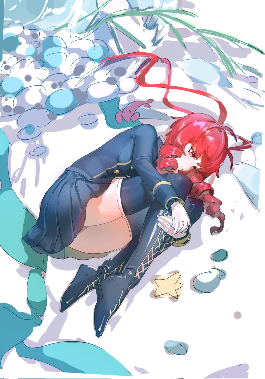 1girl abstract_background antenna_hair black_footwear black_shirt black_skirt boots buttons drill_hair fetal_position fish funamusea highres lobco_(wadanohara) lobster lobster_girl lobster_tail lying on_floor oounabara_to_wadanohara own_hands_together pleated_skirt red_eyes red_pupils rock sad shirt skirt solo star_(symbol) tote50718342 twin_drills white_background yellow_trim