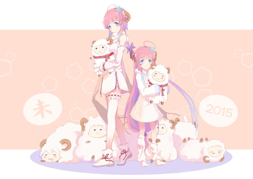 2015 2girls ahoge animal blue_eyes blue_hair boots bzerox chinese_commentary closed_mouth detached_sleeves dress frills gradient_hair highres holding holding_animal holding_sheep hood hood_down hooded_dress horns long_hair long_sleeves looking_at_viewer loose_socks multicolored_hair multiple_girls new_year orange_background original pentagon_(shape) pink_hair purple_hair red_ribbon red_scarf ribbon ribbon-trimmed_sleeves ribbon_trim scarf sheep sheep_girl sheep_horns sleeves_past_wrists socks standing white_dress white_footwear white_scarf white_sleeves white_socks