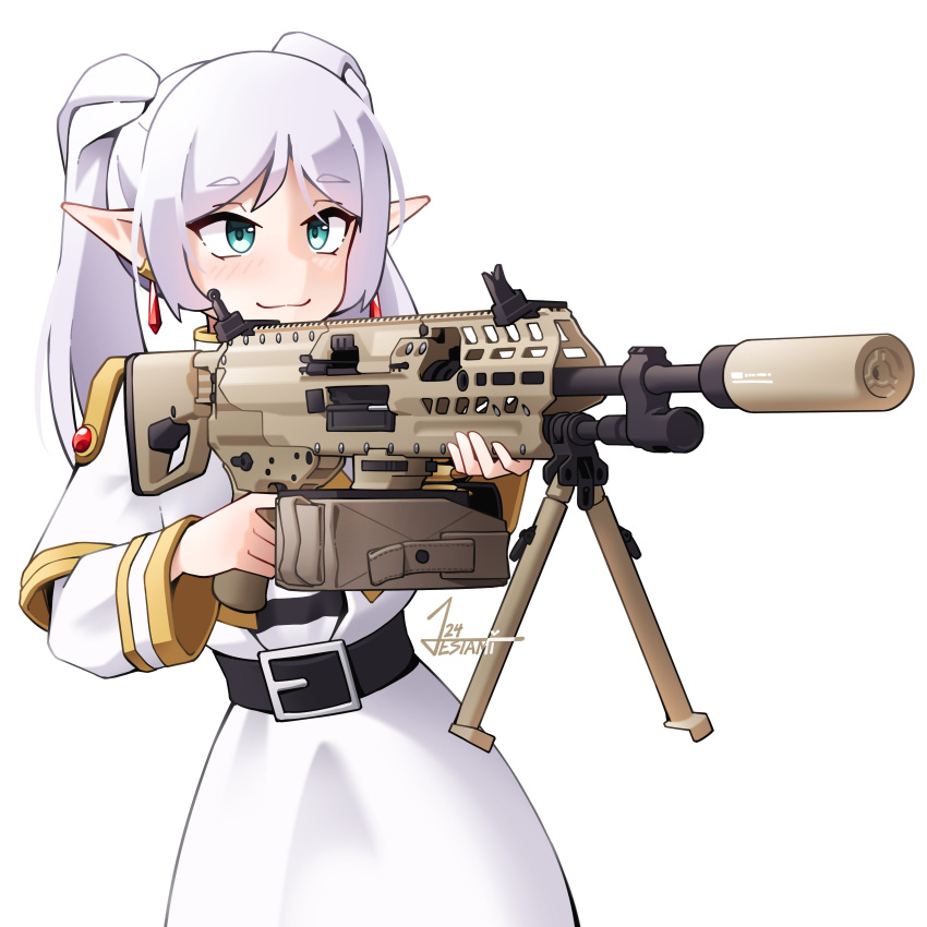1girl absurdres aqua_eyes belt bipod black_belt capelet closed_mouth dress earrings elf english_commentary frieren gold_trim gun highres holding holding_gun holding_weapon jestami jewelry light_blush long_hair looking_at_viewer machine_gun pointy_ears sig_mg338 signature simple_background smile solo sousou_no_frieren suppressor twintails weapon white_background white_capelet white_dress