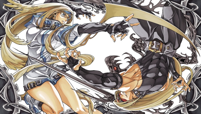 1boy 1girl abs bare_legs belt black_gloves blindfold blonde_hair blue_eyes breasts detached_sleeves dong_hole eddie_(guilty_gear) english_commentary english_text gloves guilty_gear guilty_gear_x guilty_gear_xx hair_between_eyes highres large_pectorals long_hair medium_breasts millia_rage muscular muscular_male pectorals shaded_face thighs very_long_hair zato-1