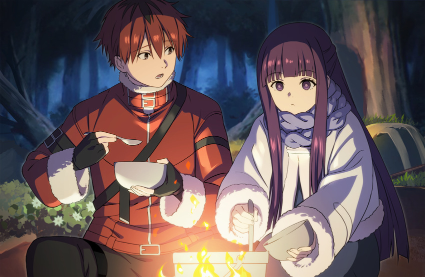 1boy 1girl bowl brown_eyes cooking cooking_pot expressionless fern_(sousou_no_frieren) fingerless_gloves fire forest gloves holding holding_bowl holding_spoon long_hair long_sleeves looking_at_another nature night nyoro_(nyoronyoro000) open_mouth purple_hair redhead scarf short_hair sousou_no_frieren spoon stark_(sousou_no_frieren) violet_eyes winter_clothes