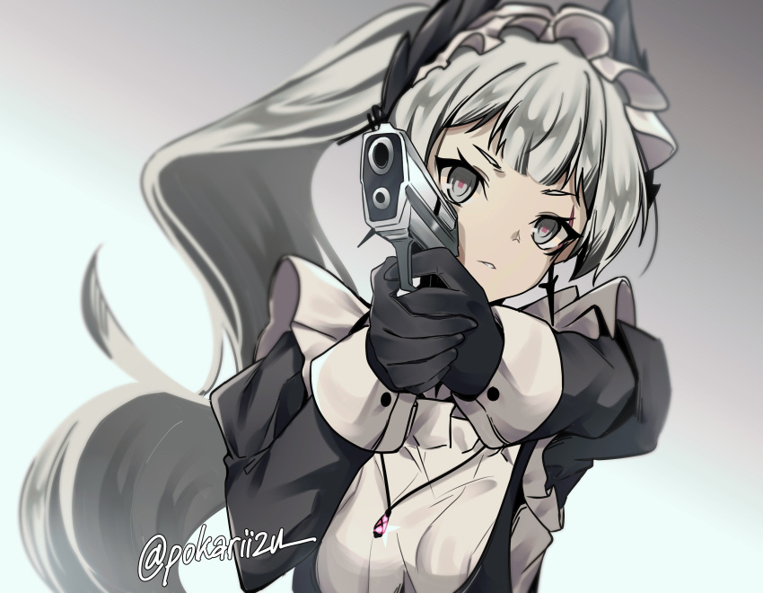 1girl absurdres arknights black_dress black_gloves blue_background dress gloves gradient_background grey_background grey_eyes grey_hair gun handgun highres holding holding_gun holding_weapon irene_(arknights) irene_(voyage_of_feathers)_(arknights) juliet_sleeves long_hair long_sleeves parted_lips pokarii_zuu ponytail puffy_sleeves short_eyebrows solo thick_eyebrows twitter_username very_long_hair weapon weapon_request