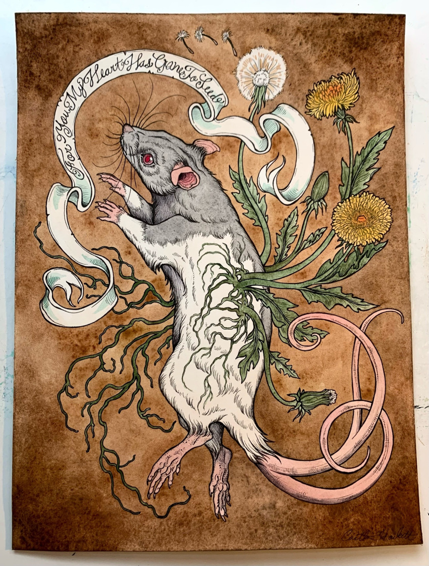 1other animal_focus brown_background caitlinhackettart dandelion drawing english_commentary english_text flower growing_out_of_body highres ink mouse multiple_tails no_humans original painting_(medium) photo_(medium) red_eyes ribbon roots solo tail traditional_media two_tails watercolor_(medium) white_ribbon yellow_flower