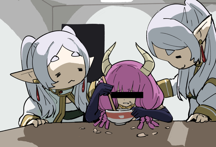 3girls :&lt; :3 =_= aura_(sousou_no_frieren) bar_censor black_gloves blank_room_soup bowl censored covered_eyes demon_horns dual_persona elbow_gloves elf food food_on_face frieren gloves hand_on_another's_back highres horns identity_censor multiple_girls parody pink_hair pointy_ears sousou_no_frieren table tenten_(chan4545) thick_eyebrows