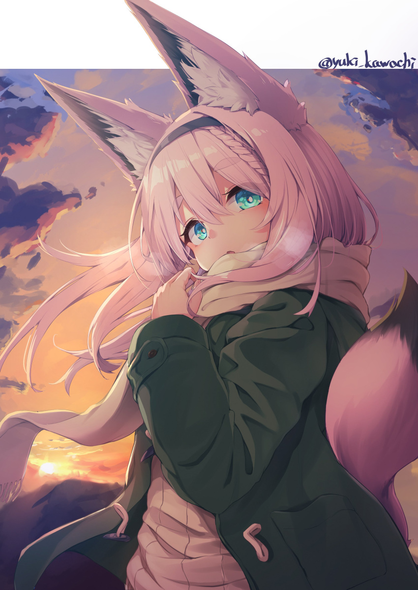 1girl absurdres animal_ears black_hairband blue_eyes blush braid breath clouds commentary_request floating_hair fox_ears fox_girl fox_tail fringe_trim green_jacket grey_scarf hair_between_eyes hairband hand_up highres jacket long_hair long_sleeves looking_at_viewer open_clothes open_jacket original parted_lips pink_hair ribbed_sweater scarf short_sleeves sky solo sunset sweater tail thick_eyebrows twitter_username very_long_hair white_sweater yuki_kawachi