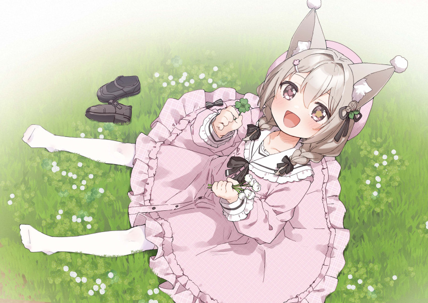 1girl :d absurdres animal_ear_fluff animal_ears black_bow black_bowtie blush bow bowtie braid brown_eyes brown_footwear commission dog_ears dress frills grey_hair hair_between_eyes hair_bow hair_ornament hair_ribbon hairclip happy heart heart-shaped_pupils highres holding lace-trimmed_dress lace-trimmed_sleeves lace_trim long_hair looking_at_viewer on_grass open_mouth original pink_dress ribbon sailor_collar sitting skeb_commission smile solo symbol-shaped_pupils thigh-highs white_pom_poms white_thighhighs wide_sleeves yukie_(kusaka_shi)