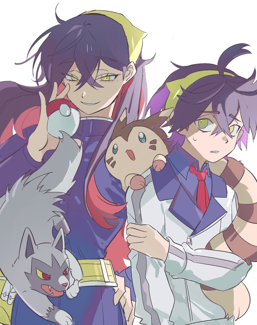 1boy 1girl black_hair blue_jacket blue_pants blue_shirt carmine_(pokemon) collared_shirt commentary_request crossed_bangs furret hair_between_eyes hairband hand_on_own_hip highres holding holding_poke_ball jacket kieran_(pokemon) korean_commentary long_hair long_sleeves looking_at_viewer memoji_7672 necktie pants parted_lips poke_ball poke_ball_(basic) pokemon pokemon_(creature) pokemon_on_back pokemon_sv poochyena red_necktie shirt smile smirk white_background white_jacket yellow_eyes yellow_hairband