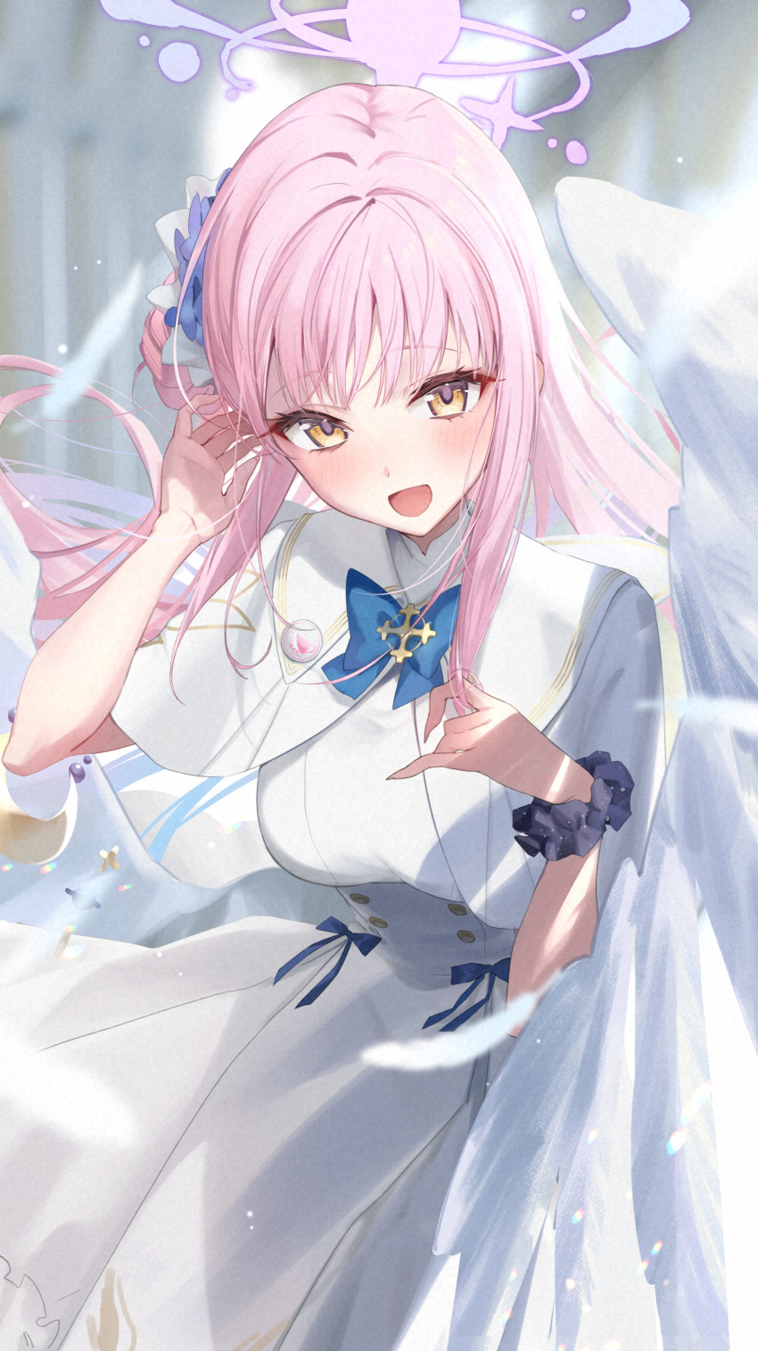 1girl absurdres angel_wings black_scrunchie blue_archive blush breasts capelet crescent crescent_pin dress feathered_wings fingernails hair_bun halo highres large_breasts long_hair looking_at_viewer mika_(blue_archive) open_mouth pink_hair pink_halo scrunchie single_side_bun smile solo suna6080 white_capelet white_dress white_wings wings wrist_scrunchie yellow_eyes