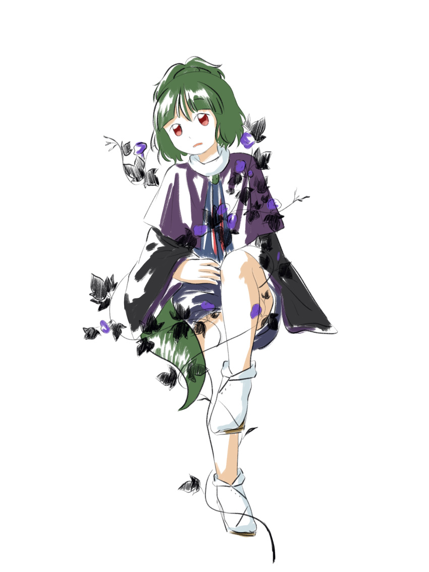 1other absurdres adagumo_no_saragimaru androgynous baila_kuangzi black_sleeves blue_shirt blue_shorts capelet chinese_commentary commentary_request flower green_hair highres invisible_chair len'en long_sleeves nightshade_(flower) open_mouth other_focus purple_capelet purple_trim red_eyes shirt short_hair shorts simple_background sitting sketch snake_tail socks solo split_ponytail tail white_background white_socks wide_sleeves