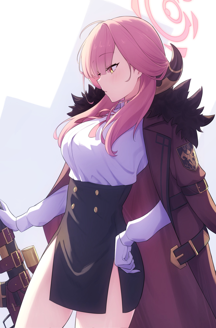 1girl aru_(blue_archive) black_skirt blue_archive blush breasts brown_coat brown_horns closed_mouth coat coat_on_shoulders cocoablue23 collared_shirt cowboy_shot demon_horns from_side gloves gun halo highres horns large_breasts long_hair long_sleeves pencil_skirt pink_hair pink_halo profile shirt skirt solo weapon white_gloves white_shirt yellow_eyes