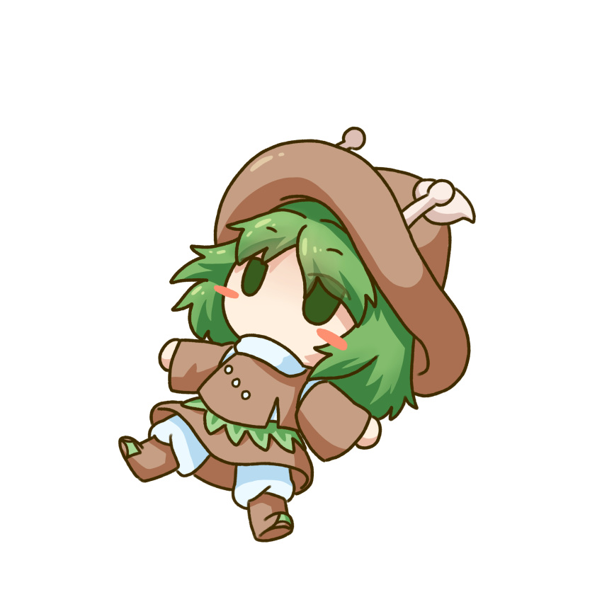 1other absurdres amanomori_shou androgynous antennae baila_kuangzi brown_footwear brown_headwear brown_skirt brown_sleeves brown_vest chibi chinese_commentary commentary_request detached_sleeves green_eyes green_hair hat highres len'en lying medium_hair no_mouth no_nose on_back other_focus pants simple_background skirt solo sweater transparent_background vest white_pants white_sweater