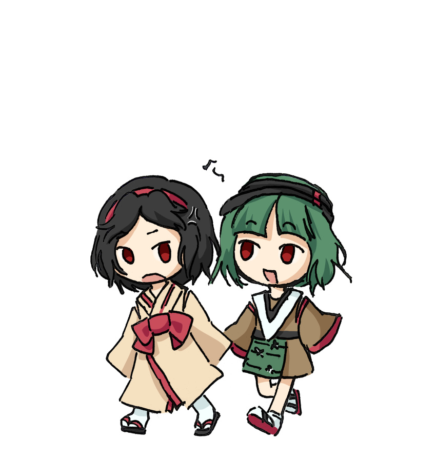 2others absurdres androgynous anger_vein baila_kuangzi black_hairband brown_shirt brown_skirt brown_sleeves chibi chinese_commentary commentary_request detached_sleeves green_hair hairband highres japanese_clothes kimono len'en long_sleeves multiple_others no_nose open_mouth other_focus red_eyes red_hairband red_ribbon red_trim ribbon shirt short_hair simple_background skirt sleeves_past_fingers sleeves_past_wrists smile socks taira_no_chouki taira_no_chouki_(living) taira_no_fumikado taira_no_fumikado_(human) walking white_background white_socks yellow_kimono