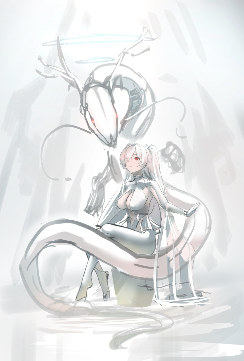 1girl absurdres bodysuit breasts cinderella_(nikke) cleavage_cutout clothing_cutout dragon eastern_dragon goddess_of_victory:_nikke highres jindogod large_breasts leg_cutout long_hair navel navel_cutout red_eyes sitting twintails very_long_hair white_bodysuit white_hair white_theme