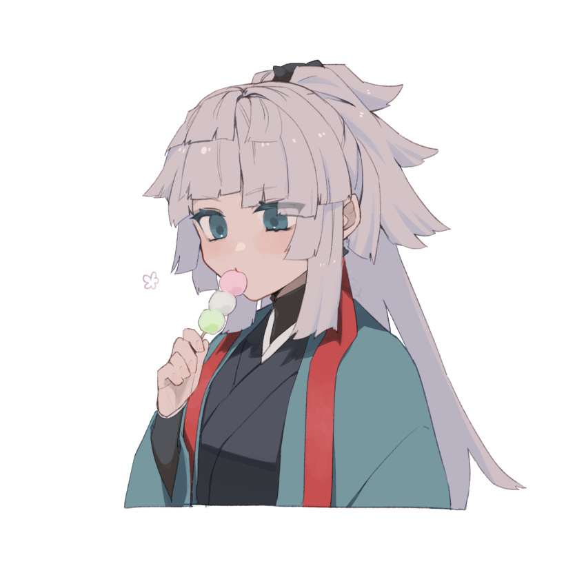 1girl aqua_kimono blue_eyes commentary cropped_torso dango eating fate/samurai_remnant fate_(series) food food_in_mouth grey_hair highres holding holding_food japanese_clothes kimono long_hair ponytail simple_background solo symbol-only_commentary tia_(cocorosso) very_long_hair wagashi white_background yui_shousetsu_(fate)