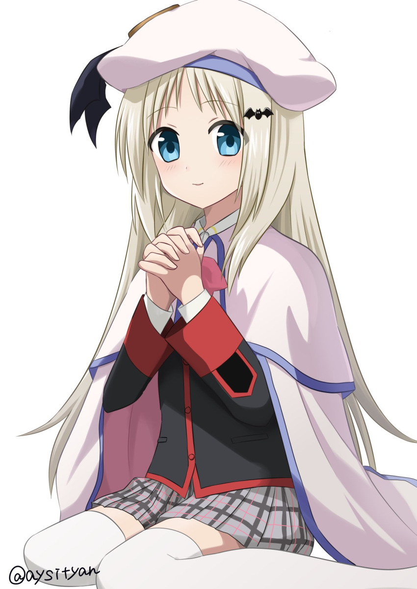 1girl bat_hair_ornament beret black_jacket blue_eyes blush cape closed_mouth commentary_request grey_hair grey_skirt hair_ornament hands_up hat highres interlocked_fingers jacket little_busters! little_busters!_school_uniform long_hair long_sleeves looking_at_viewer miniskirt noumi_kudryavka own_hands_together parted_bangs plaid plaid_skirt sai_(aysityan) school_uniform simple_background sitting skirt smile solo straight_hair thigh-highs twitter_username very_long_hair wariza white_background white_cape white_headwear white_thighhighs zettai_ryouiki