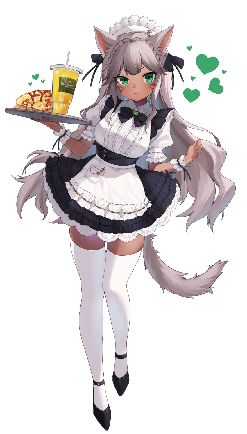 1girl absurdres animal_ears apron black_bow black_bowtie black_dress black_footwear black_ribbon bow bowtie braid breasts cat_ears cat_tail closed_mouth cup dark-skinned_female dark_skin disposable_cup dress drinking_straw final_fantasy final_fantasy_xiv food food_writing frilled_dress frills full_body green_eyes hair_ribbon head_tilt heart high_heels highres holding holding_tray jewelry ketchup large_breasts leaning_to_the_side lemonade light_blush light_brown_hair long_hair maid maid_apron melusmelon miqo'te omelet omurice ribbon scrunchie simple_background skindentation smile solo tail thigh-highs tray very_long_hair warrior_of_light_(ff14) white_apron white_background white_thighhighs wrist_scrunchie