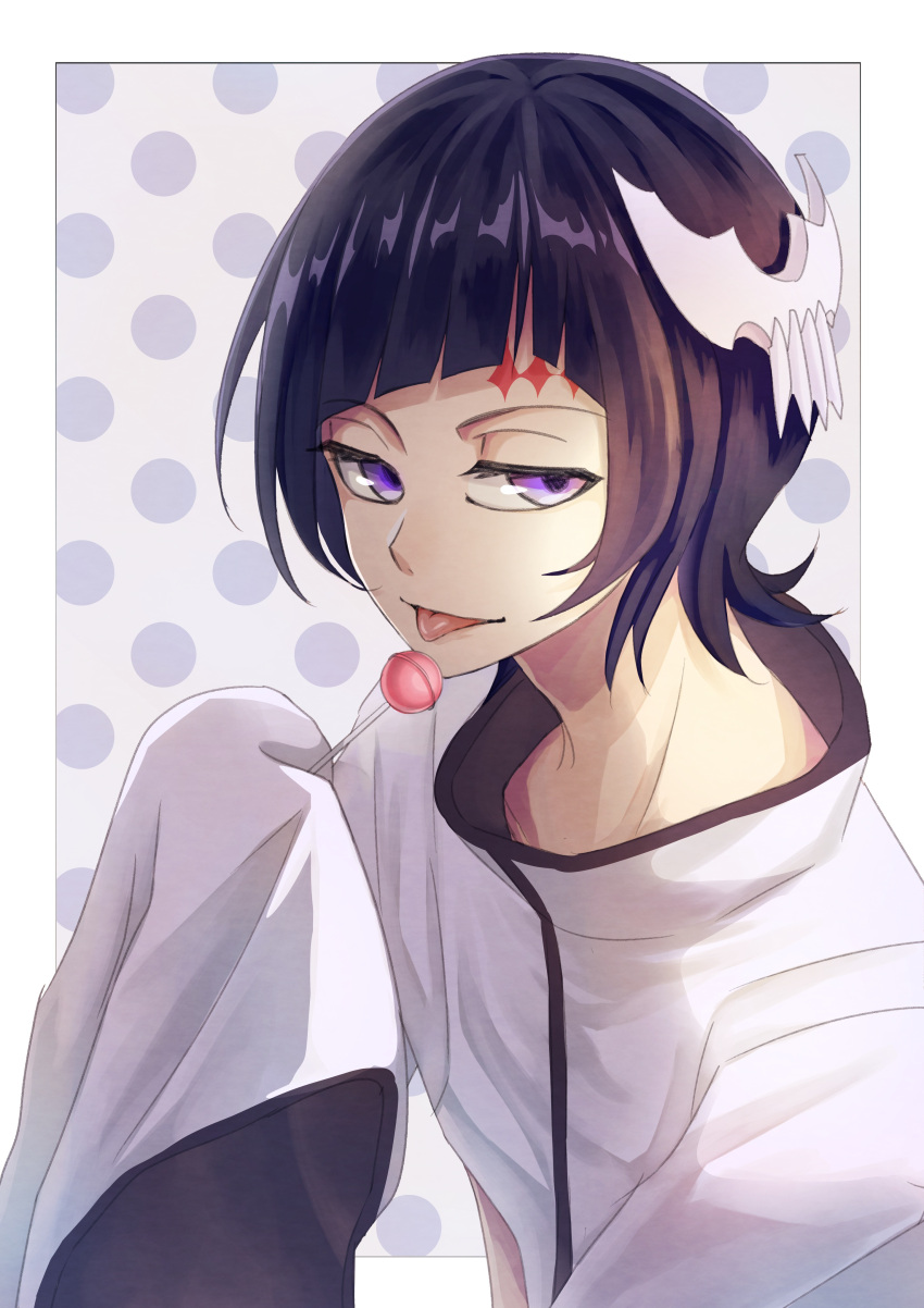 1boy absurdres black_hair bleach border candy commentary_request eyelashes food grey_background high_collar highres holding holding_candy holding_food holding_lollipop jitome lollipop long_hair luppi_antenor nose polka_dot polka_dot_background shirt short_hair simple_background sleeves_past_fingers sleeves_past_wrists solo sumire_1046 tongue tongue_out upper_body violet_eyes white_border white_shirt wide_sleeves