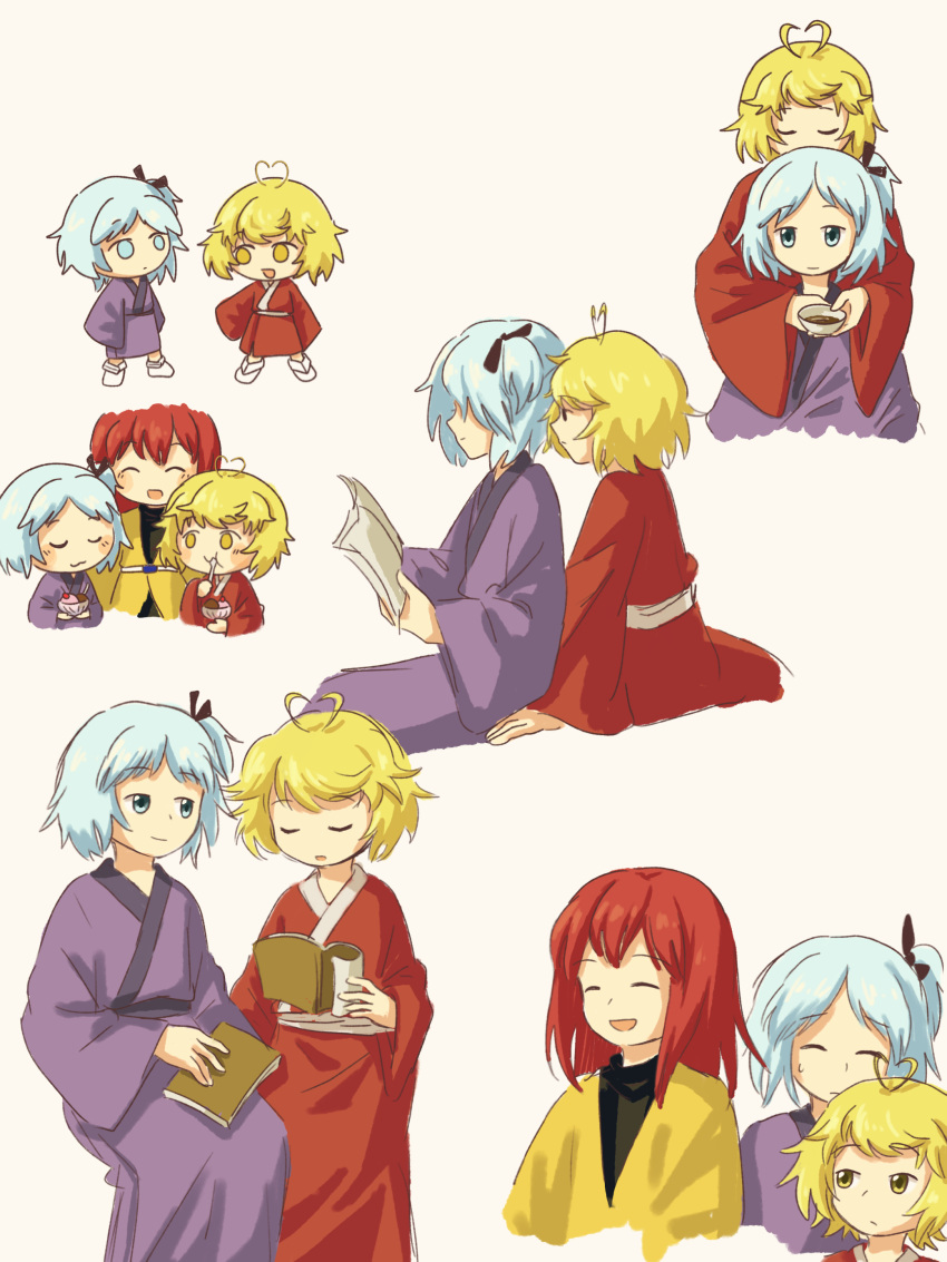 3others absurdres aged_down androgynous antenna_hair baila_kuangzi blonde_hair blue_eyes blue_hair chibi chinese_commentary closed_eyes closed_mouth commentary_request fujiwara_no_iyozane highres hug hug_from_behind japanese_clothes kimono len'en long_sleeves medium_hair multiple_others multiple_views no_nose ooama_no_ake_no_mitori ooya_kunimitsu open_mouth other_focus purple_kimono red_kimono redhead short_hair side_ponytail sitting smile step-siblings sweat wide_sleeves yellow_eyes