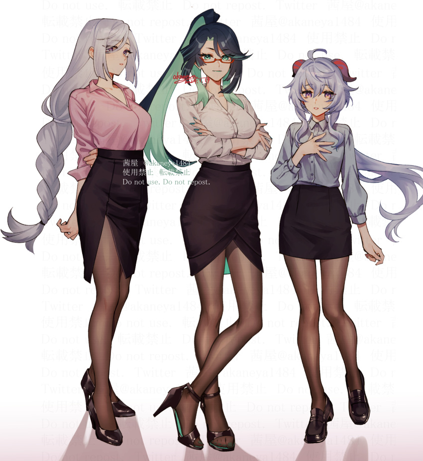 3girls ahoge alternate_costume aqua_eyes arms_behind_back black_footwear black_hair black_skirt braid braided_ponytail breasts brown_pantyhose closed_mouth collared_shirt colored_inner_hair commentary_request crossed_arms expressionless full_body ganyu_(genshin_impact) genshin_impact goat_horns gradient_background green_eyes green_hair green_lips green_nails grey_hair grey_shirt high-waist_skirt high_heels highres horns large_breasts long_hair looking_at_viewer medium_breasts multicolored_hair multiple_girls office_lady ojo_aa pantyhose parted_lips pencil_skirt pink_skirt red-framed_eyewear semi-rimless_eyewear shenhe_(genshin_impact) shirt side_slit signature simple_background single_braid skirt smile very_long_hair violet_eyes white_background white_shirt xianyun_(genshin_impact)