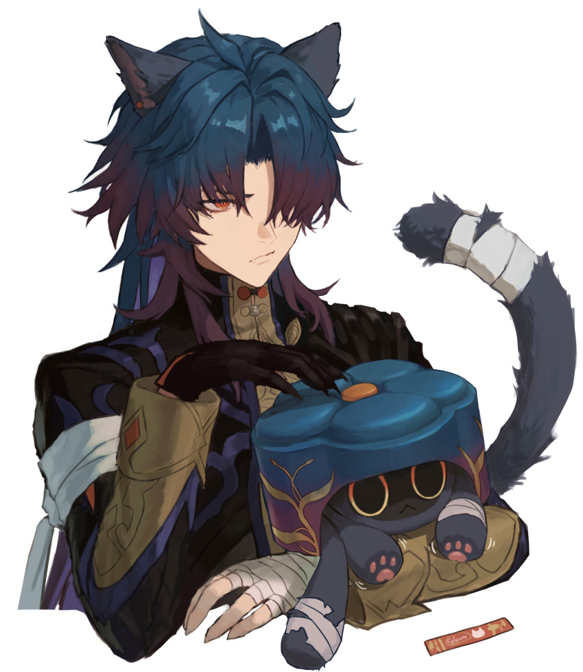 1boy :&lt; animal animal_ears bandaged_arm bandaged_hand bandaged_tail bandages blade_(honkai:_star_rail) blue_hair cat cat_boy cat_ears cat_tail closed_mouth critter_pick_(honkai:_star_rail) cropped_torso fang geebee_79 gloves hair_between_eyes highres honkai:_star_rail honkai_(series) long_hair long_sleeves male_focus multicolored_hair purple_hair red_eyes simple_background single_glove tail upper_body white_background