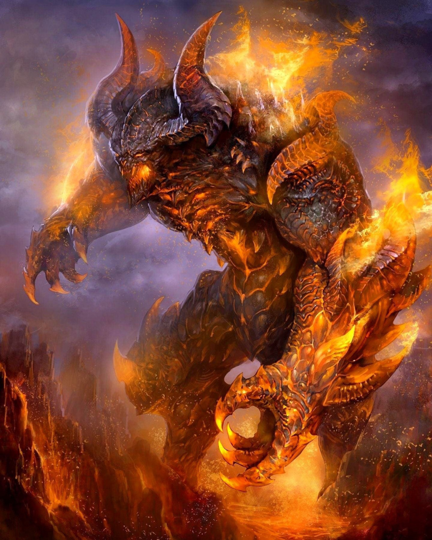 balrog claws demon demon_horns fire glowing glowing_eyes glowing_mouth highres horns molten_rock no_humans non-web_source open_mouth outdoors ozma sharp_teeth spikes teeth walking
