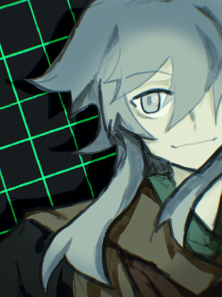 1other androgynous black_background chinese_commentary closed_mouth commentary_request eyes_visible_through_hair grey_eyes grey_hair grid_background hair_over_one_eye highres houlen_yabusame len'en other_focus sanpaku simple_background sketch smile solo yang_gu