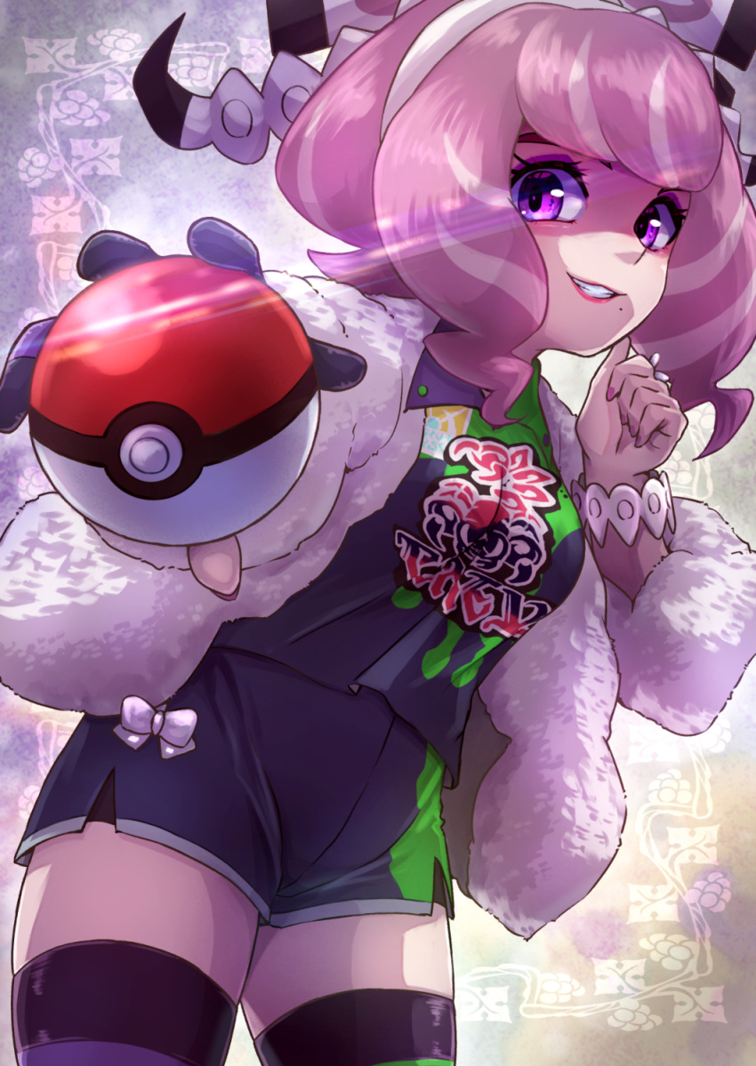 1girl asymmetrical_legwear bracelet breasts coat collared_shirt drill_hair eyeshadow flipped_hair fur_coat fur_jacket hairband highres holding holding_poke_ball jacket jewelry klara_(pokemon) kotobukkii_(yt_lvlv) makeup medium_breasts mismatched_legwear mole mole_under_mouth pink_eyeshadow pink_hair pink_lips poke_ball poke_ball_(basic) pokemon pokemon_swsh print_shirt print_shorts print_thighhighs shaded_face shirt shorts side_slit side_slit_shorts solo thigh-highs twin_drills violet_eyes white_coat white_hairband white_jacket