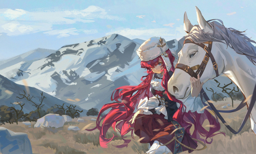 1girl absurdres black_vest blue_eyes blue_sky closed_mouth clouds cowboy_shot fur_hat grass hair_over_one_eye hand_on_animal hand_up hat highres horse leaning_forward long_hair long_sleeves looking_down mountain outdoors pants pants_under_skirt puffy_long_sleeves puffy_sleeves red_skirt redhead reverse:1999 rock shirt skirt sky snow solo tree ushanka very_long_hair vest walking white_headwear white_pants white_shirt yenisei_(reverse:1999) zzzzzziyao