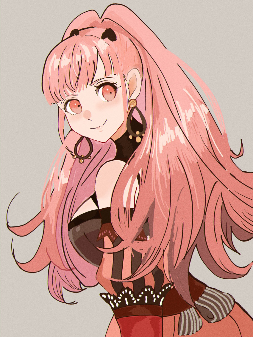 1girl bare_shoulders black_dress blunt_bangs blush chimney_(chimney0311) closed_mouth commentary dress earrings fire_emblem fire_emblem:_three_houses gloves grey_background highres hilda_valentine_goneril hoop_earrings jewelry long_hair looking_at_viewer pink_dress red_gloves simple_background smile solo two-tone_dress very_long_hair