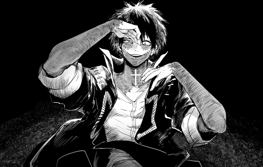 1boy black_background boku_no_hero_academia burn_scar cheek_piercing dabi_(boku_no_hero_academia) ear_piercing evil_smile greyscale highres jacket looking_at_viewer male_focus monochrome multicolored_hair multiple_piercings multiple_scars nose_piercing open_mouth piercing popped_collar scar scar_on_arm scar_on_face scar_on_hand scar_on_mouth scar_on_neck short_hair sleeves_rolled_up smile spiky_hair staple stapled stitches upper_body wrinkled_skin yokoyari_mengo