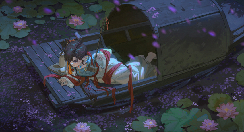 1girl absurdres barefoot black_eyes black_hair boat bottle chinese_clothes chinese_hairpin cup dipper falling_petals flower from_above full_body green_shirt hair_bun hair_ornament hanfu highres holding holding_spoon jiu_niangzi layered_sleeves lily_pad long_skirt long_sleeves looking_down lying on_side petals pink_flower red_shawl reverse:1999 rowboat shawl shirt short_over_long_sleeves short_sleeves single_side_bun skirt solo spoon tassel tassel_hair_ornament water water_lily_flower watercraft yellow_skirt zzzzzziyao
