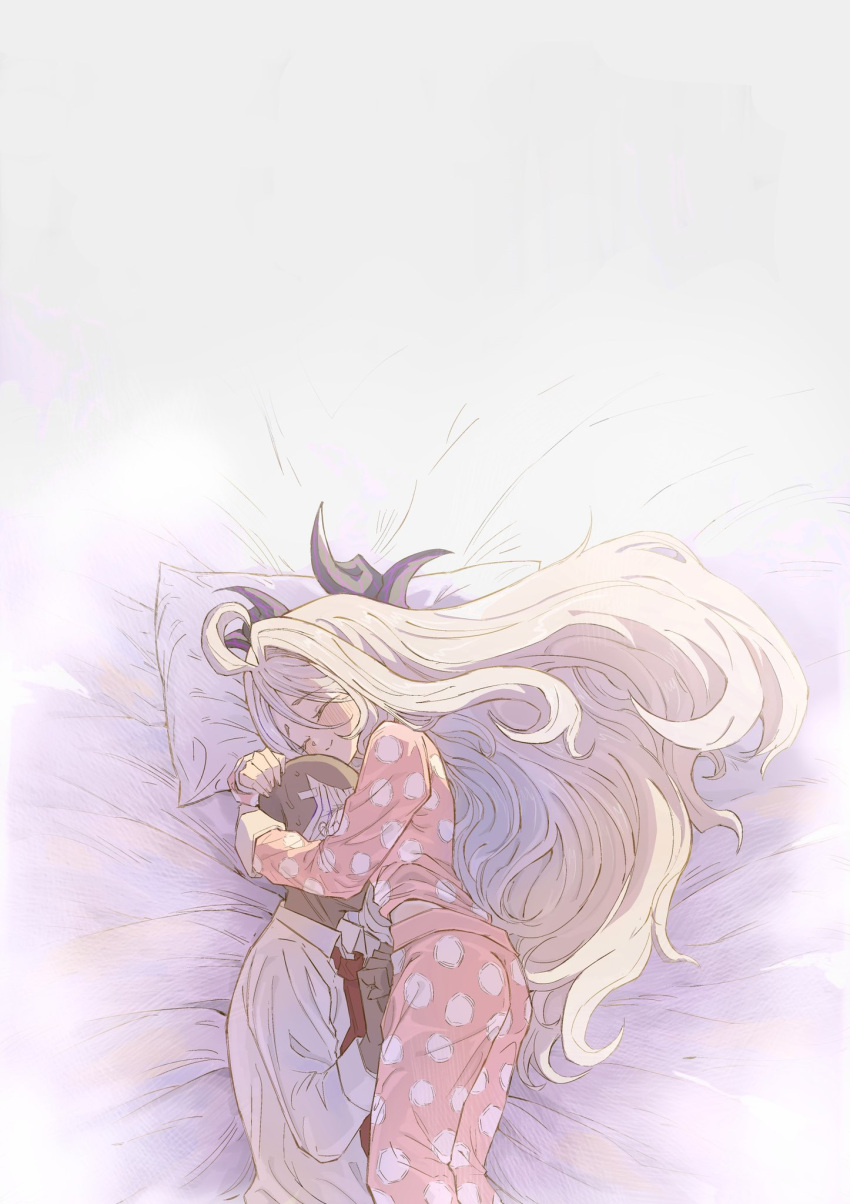 1boy 1girl ahoge bed_sheet black_horns blue_archive closed_eyes closed_mouth collared_shirt demon_horns doodle_sensei_(blue_archive) grey_hair highres hina_(blue_archive) horns kukuki long_hair long_sleeves multiple_horns necktie pajamas pink_pajamas polka_dot polka_dot_pajamas red_necktie sensei_(blue_archive) shirt white_shirt