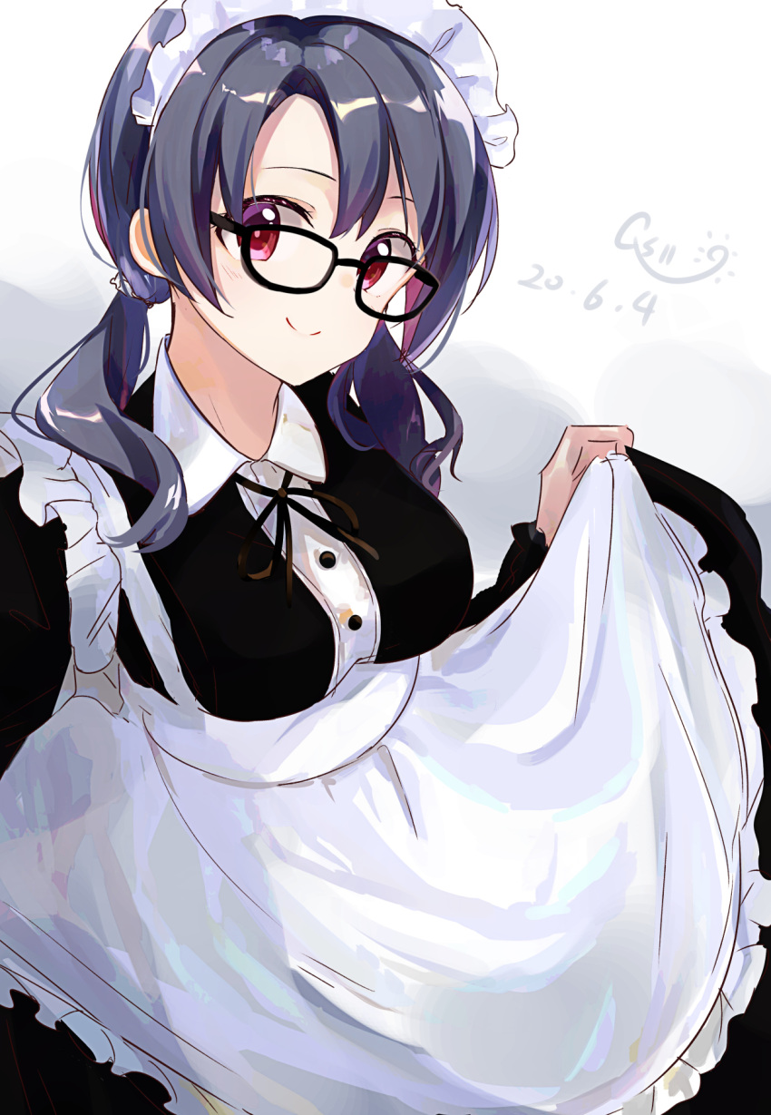 1girl apron black-framed_eyewear black_dress black_hair black_ribbon blush breasts closed_mouth dated dot_nose dress frilled_apron frills hair_tie hand_up highres idolmaster idolmaster_million_live! idolmaster_million_live!_theater_days long_hair long_sleeves looking_at_viewer low_twintails maid maid_headdress medium_breasts neck_ribbon qs11 red_eyes ribbon signature simple_background skirt_hold smile solo takayama_sayoko twintails white_apron white_background