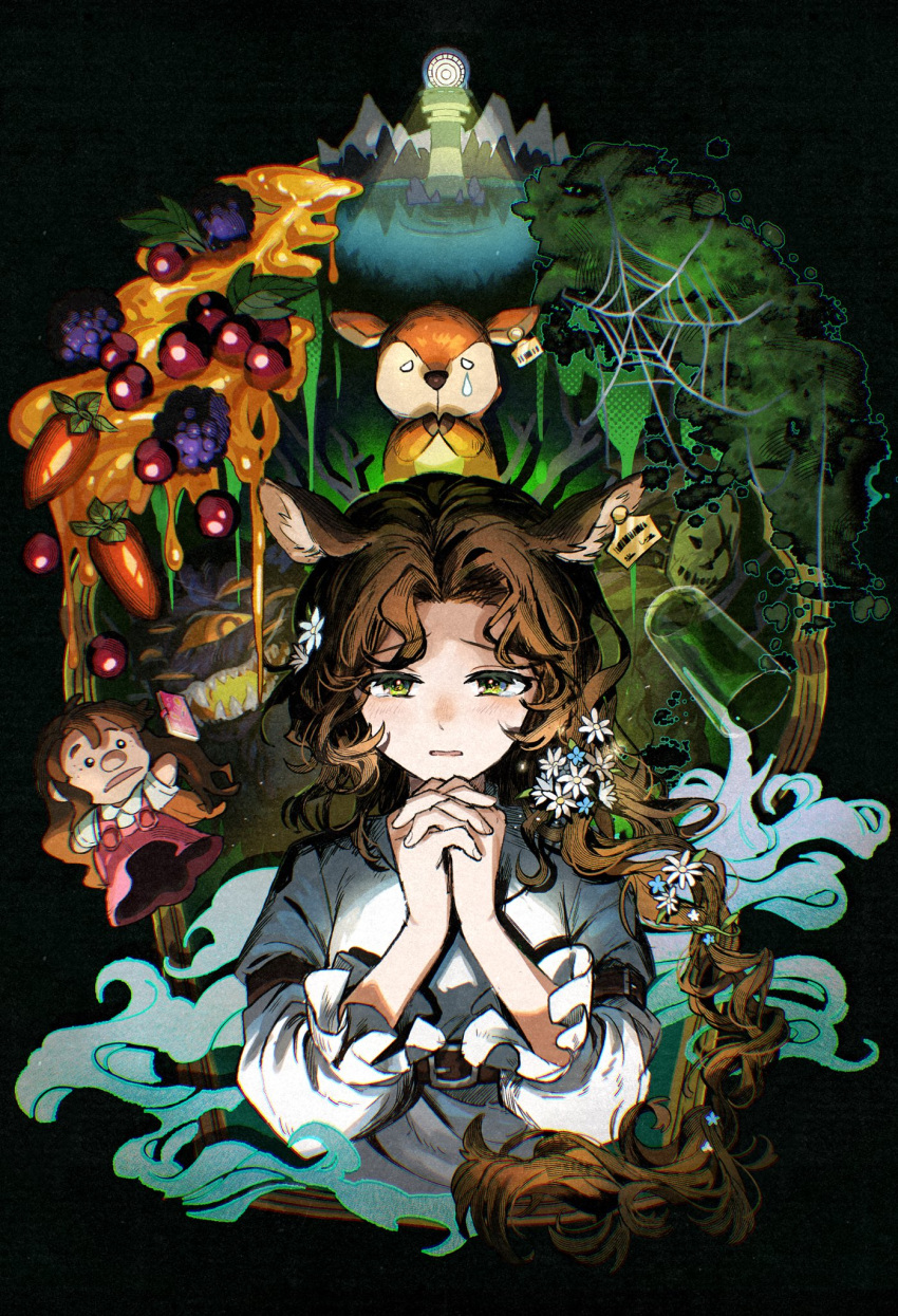 1boy 1girl animal_ears animal_puppet arm_belt berry black_background brown_hair butcher_(reverse:1999) character_doll creature cropped_torso curly_hair deer_ears deer_girl ear_tag furrowed_brow green_eyes hair_over_shoulder hand_puppet highres interlocked_fingers jessica_(reverse:1999) lighthouse long_hair looking_at_viewer own_hands_together parted_lips puppet reverse:1999 sepyu shirt silk solo spider_web tearing_up tree upper_body white_shirt