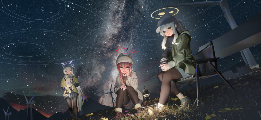3girls absurdres beanie blonde_hair blue_archive blue_eyes blush braid closed_mouth green_eyes grey_hair grey_headwear halo hare_(blue_archive) hare_(camp)_(blue_archive) hat highres kotama_(blue_archive) kotama_(camp)_(blue_archive) long_hair maki_(blue_archive) maki_(camp)_(blue_archive) mr_ito multiple_girls night official_alternate_costume official_alternate_hairstyle open_mouth outdoors ponytail purple_halo red_halo redhead smile twin_braids violet_eyes