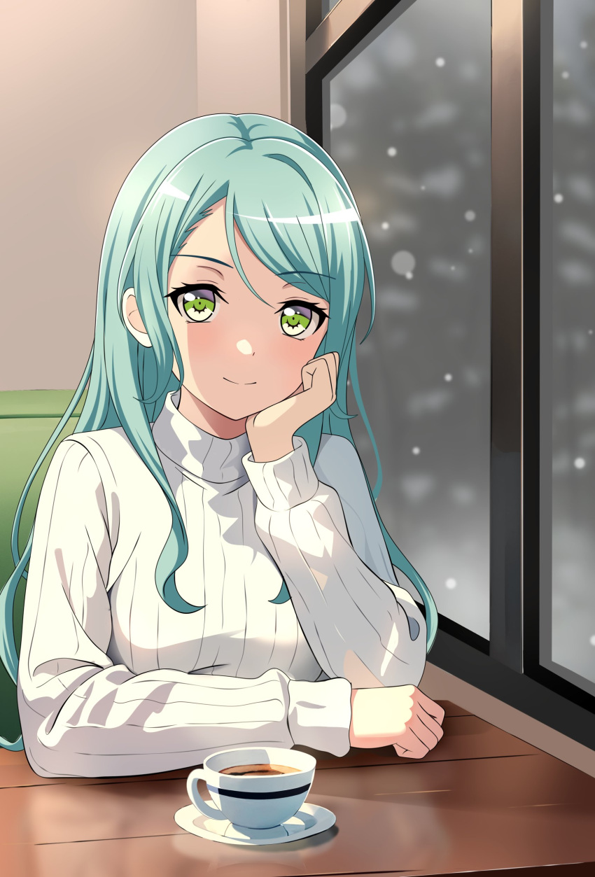 1girl absurdres aqua_hair arm_on_table bang_dream! commentary cup english_commentary fries_vanquisher green_eyes hand_on_own_cheek hand_on_own_face head_rest highres hikawa_sayo indoors long_hair looking_at_viewer ribbed_sweater saucer smile snow solo sweater table teacup turtleneck turtleneck_sweater window
