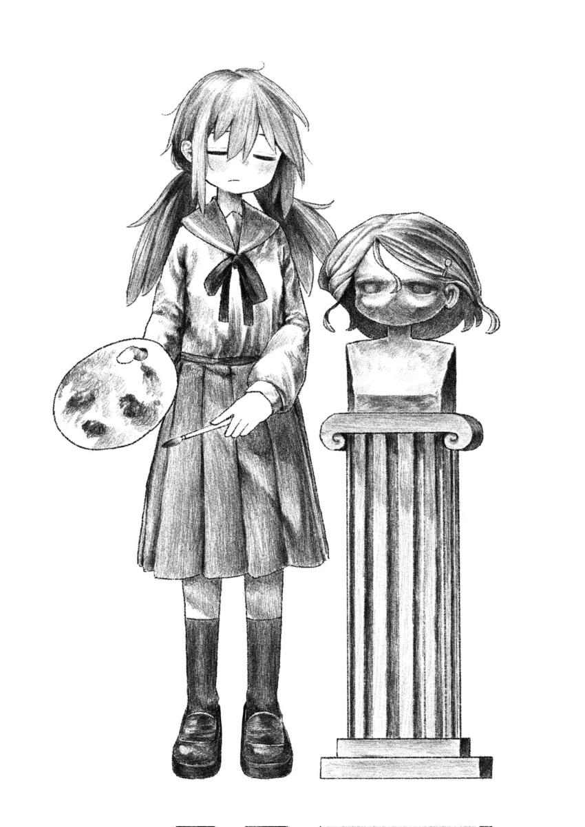 1girl blush bust_(sculpture) closed_eyes closed_mouth expressionless full_body greyscale hair_between_eyes hair_ornament hairclip hands_up highres holding holding_paintbrush holding_palette kilsturgeon kneehighs long_hair long_sleeves low_twintails mary_janes medium_skirt messy_hair monochrome neck_ribbon neckerchief original paint paintbrush palette_(object) parted_bangs pillar pleated_skirt raised_eyebrows ribbon sailor_collar school_uniform sculpture serafuku shirt shirt_tucked_in shoes simple_background single_sidelock skirt socks solo standing twintails white_background wig
