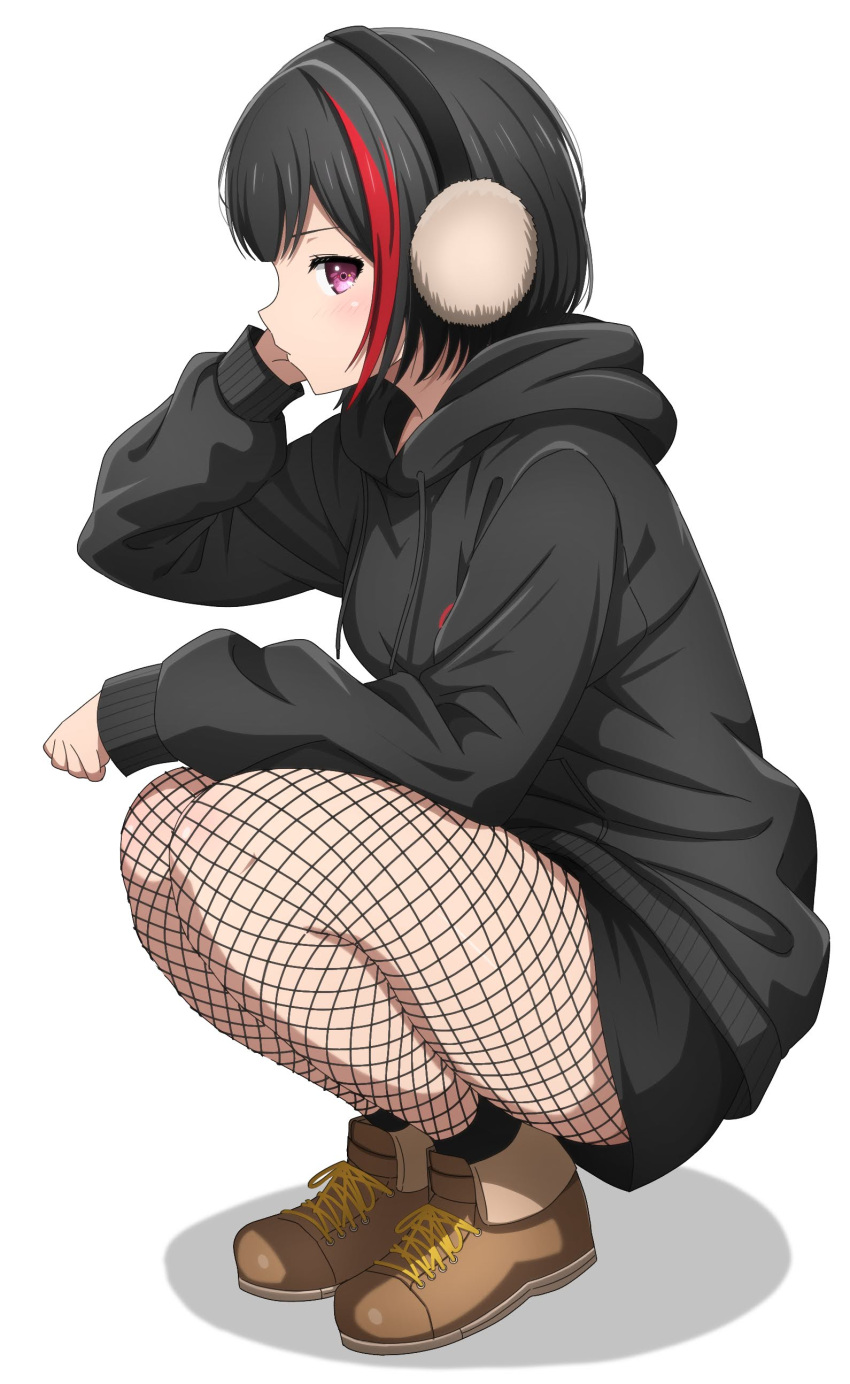 1girl absurdres arm_on_thigh bang_dream! black_hair black_hoodie black_pantyhose black_shorts brown_footwear closed_mouth commentary drawstring earmuffs fishnet_pantyhose fishnets from_side full_body hand_up highres hood hood_down hoodie legs_together light_blush long_sleeves looking_at_viewer looking_to_the_side mitake_ran multicolored_hair noshimurin pantyhose profile redhead shoes short_hair shorts sideways_glance simple_background solo squatting streaked_hair two-tone_hair violet_eyes white_background