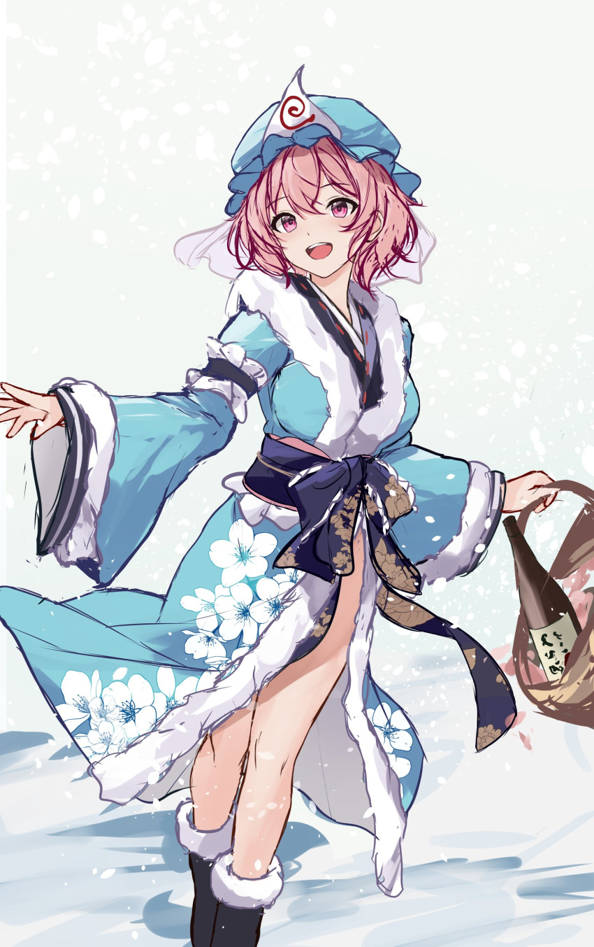 1girl absurdres bag black_footwear blue_headwear blue_kimono commentary floral_print full_body fur_trim grey_background hat highres japanese_clothes kimono long_sleeves looking_at_viewer mob_cap open_mouth orchid_(orukido) pink_eyes pink_hair saigyouji_yuyuko sash short_hair simple_background solo teeth touhou triangular_headpiece upper_teeth_only wide_sleeves