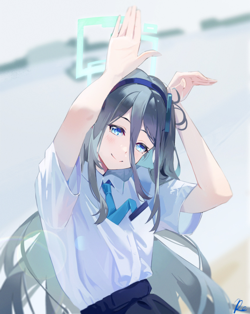 1girl aqua_halo aris_(blue_archive) black_hair black_skirt blue_archive blue_eyes blue_headband blue_necktie collared_shirt commentary_request hairband headband highres kingsle44411108 long_hair long_hair_between_eyes looking_at_viewer necktie rabbit_pose shirt short_sleeves signature skirt smile solo square_halo very_long_hair white_shirt