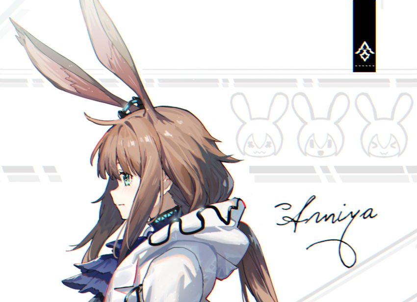 1girl amiya_(arknights) animal_ears arknights ascot blue_ascot blue_collar brown_hair character_name collar ear_ornament extra_ears facing_to_the_side green_eyes hood hooded_jacket infection_monitor_(arknights) jacket lastation14 long_hair open_clothes open_jacket rabbit_ears rabbit_girl sidelocks solo upper_body very_long_hair white_jacket
