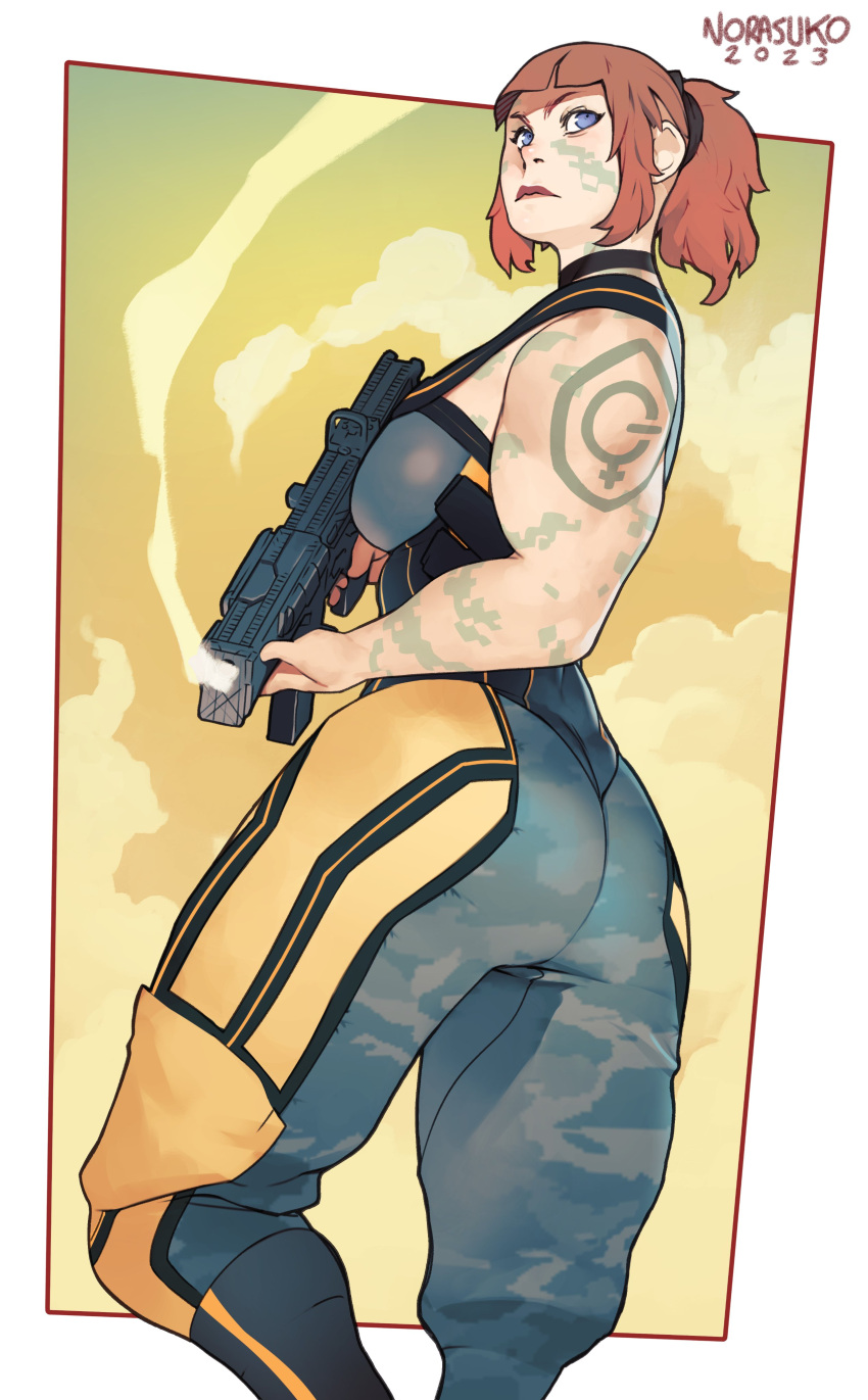 1girl absurdres arm_tattoo ass black_pants breasts brown_hair commentary english_commentary facial_tattoo gun gun_sling highres large_breasts muscular muscular_female norasuko original pants short_hair short_ponytail shoulder_tattoo smoke smoking_gun solo tattoo thick_thighs thighs violet_eyes weapon