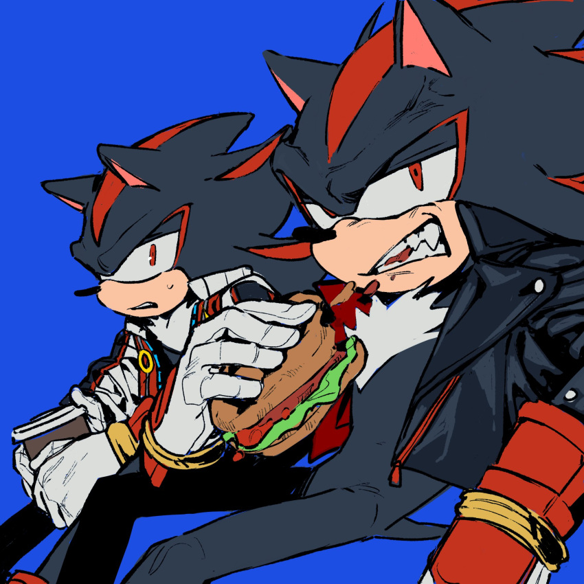 2boys animal_ears animal_nose black_jacket blue_background burger commentary diamondx1704 dual_persona eating english_commentary food furry furry_male gloves highres holding holding_food jacket looking_at_viewer male_focus multiple_boys open_clothes open_jacket red_eyes red_jacket shadow_the_hedgehog simple_background sitting sonic_(series) sonic_boom_(series) sonic_prime tail teeth white_gloves