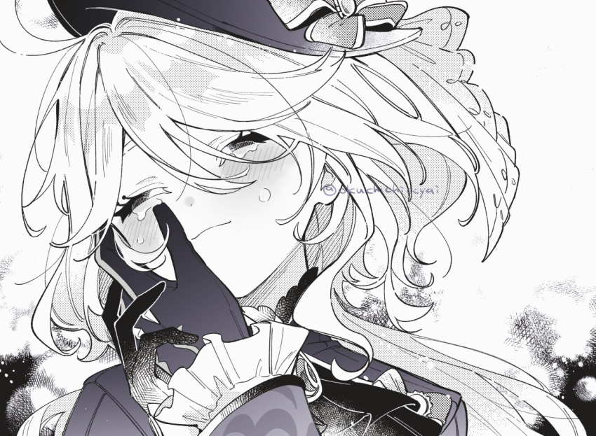 1boy 1girl :3 ahoge blush closed_eyes closed_mouth crying frilled_sleeves frills furina_(genshin_impact) genshin_impact gloves greyscale hand_on_another's_cheek hand_on_another's_face hat long_hair low_twintails monochrome neuvillette_(genshin_impact) okuchichiccyai pov pov_hands smile top_hat twintails very_long_hair