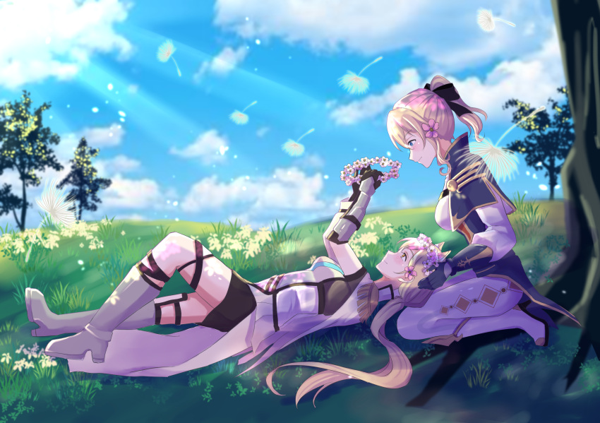 2girls animal_ears arknights blonde_hair blue_capelet blue_eyes blue_sky bow cape capelet commission crossover dandelion field flower genshin_impact hair_bow head_wreath highres holding_head horse_ears horse_girl jean_(genshin_impact) lap_pillow long_hair looking_at_another lying lying_on_lap multiple_girls nearl_(arknights) pants ponytail second-party_source sky smile tight_clothes tight_pants tree white_cape yuri